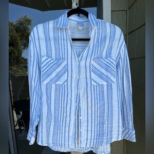 Blue and White Striped Button-Up Shirt S